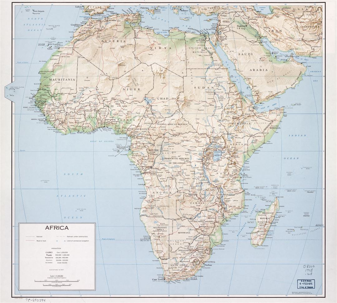 A gran escala mapa político detallada de África, con alivio, marcas de capitales, las principales ciudades, carreteras, ferrocarriles y los nombres de los países - 1968