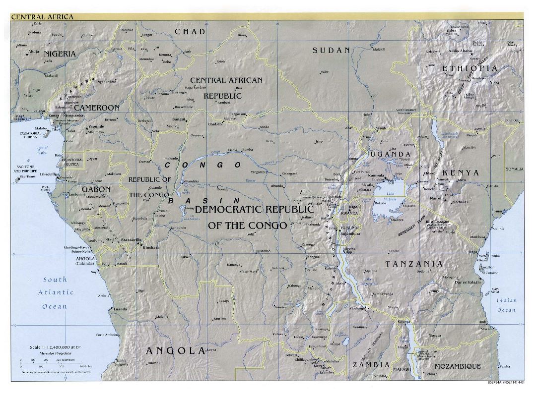 Mapa grande política detallada de África central con alivio y las principales ciudades - 2001