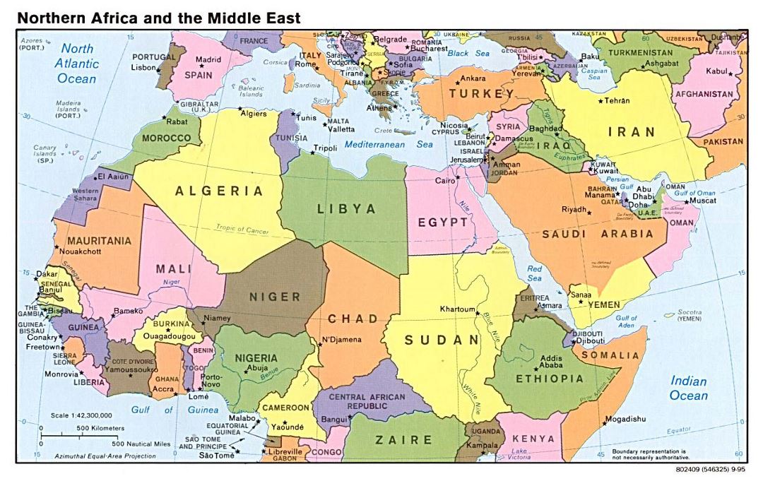 Mapa político detallada del Norte de África y Oriente Medio, con capitales - 1995