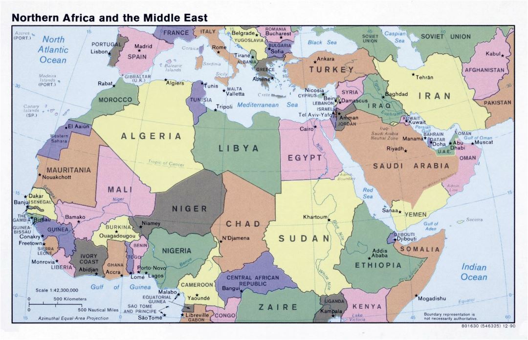 Mapa político grande del Norte de África y Oriente Medio - 1990