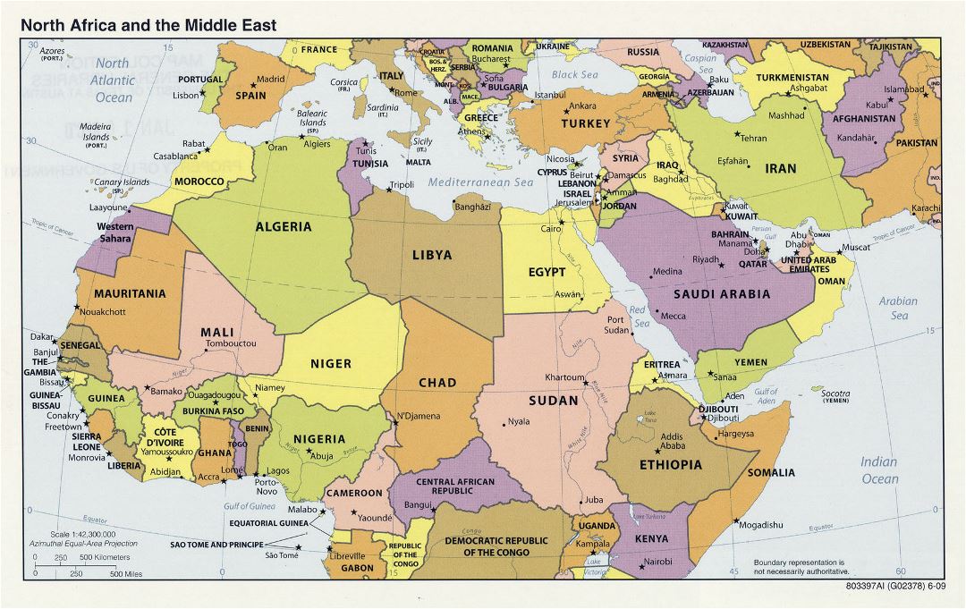 Mapa político grande del Norte de África y Oriente Medio, con capitales - 2009