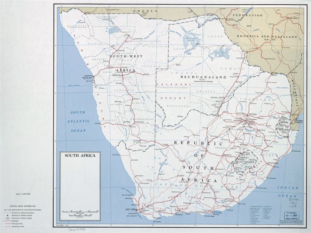 Mapa grande detallada política de África del Sur con carreteras, ferrocarriles y las principales ciudades - 1961