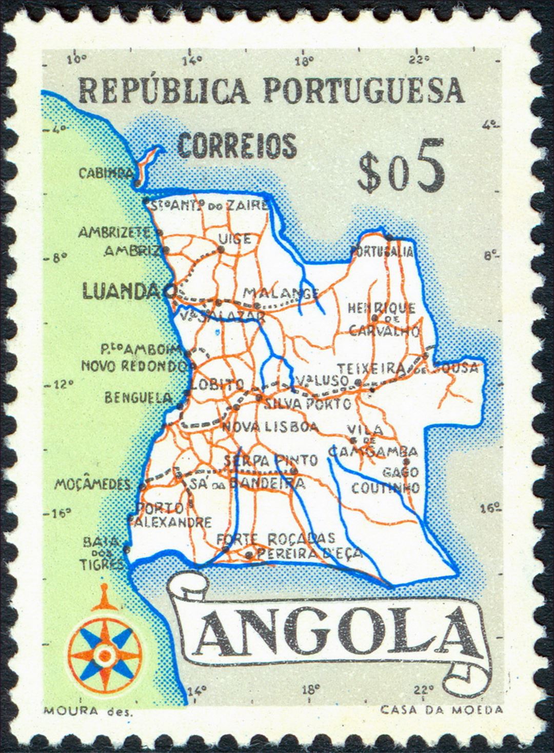 Detallado mapa del sello postal de Angola