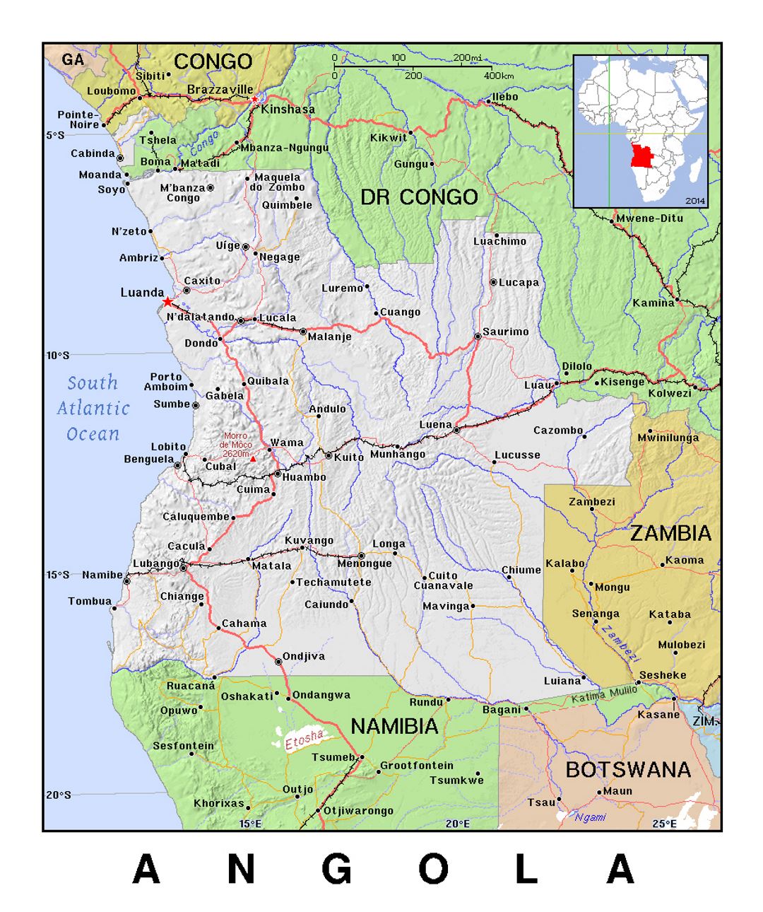 Detallado mapa político de Angola con alivio