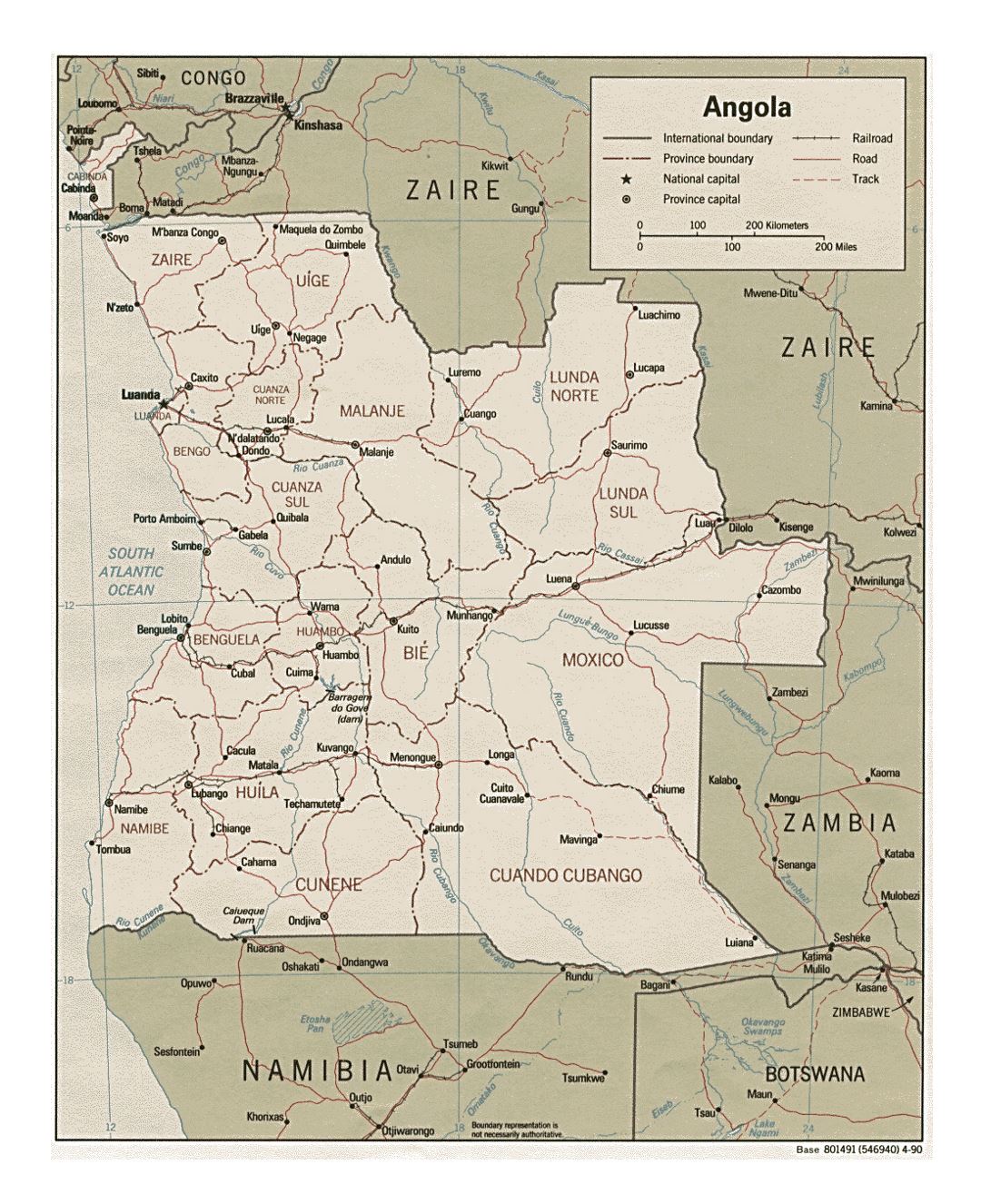 Detallado mapa político y administrativo de Angola con carreteras, ferrocarriles y principales ciudades - 1990