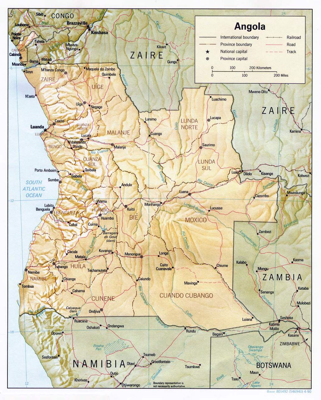 Detallado mapa político y administrativo de Angola con socorro, carreteras, ferrocarriles y principales ciudades - 1990