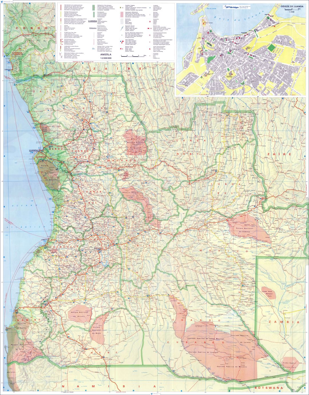 Grande detallado mapa de Angola con relieve, carreteras, ciudades, aeropuertos, puertos marítimos y otras marcas