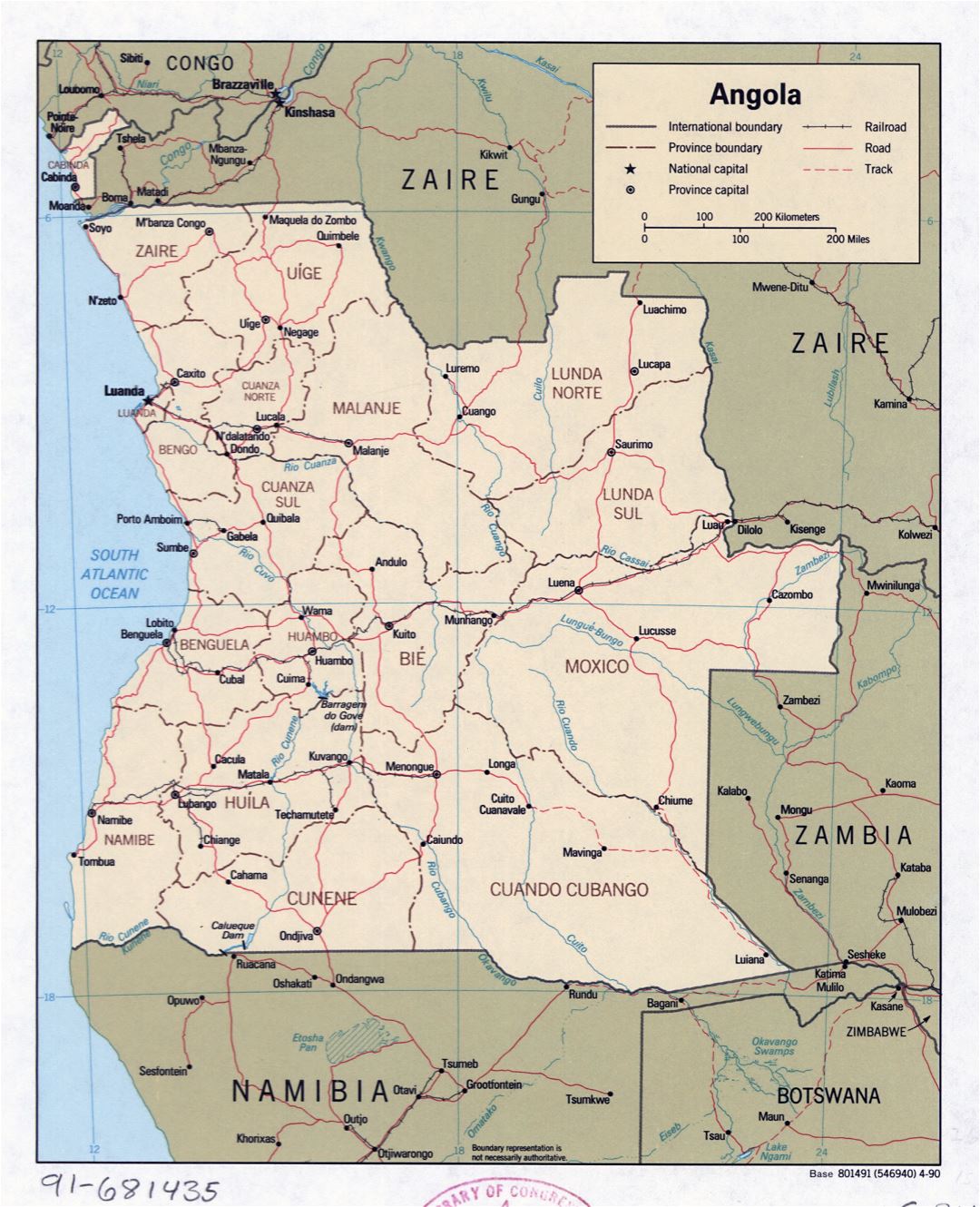 Grande detallado mapa político y administrativo de Angola con carreteras, ferrocarriles y principales ciudades - 1990