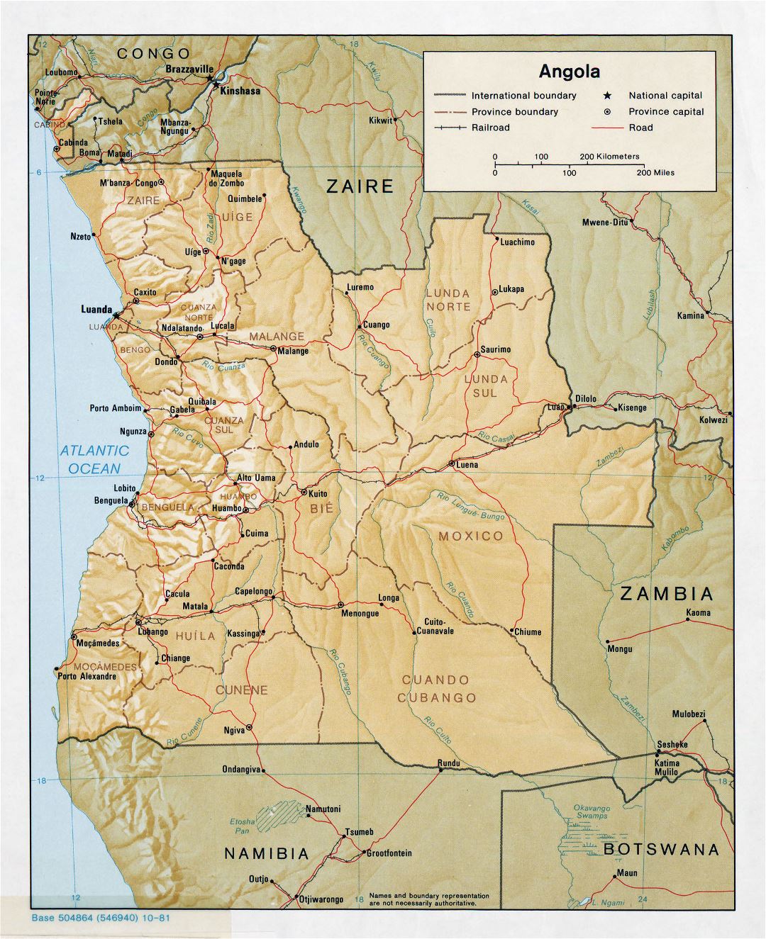 Grande detallado mapa político y administrativo de Angola con socorro, carreteras, ferrocarriles y principales ciudades - 1981