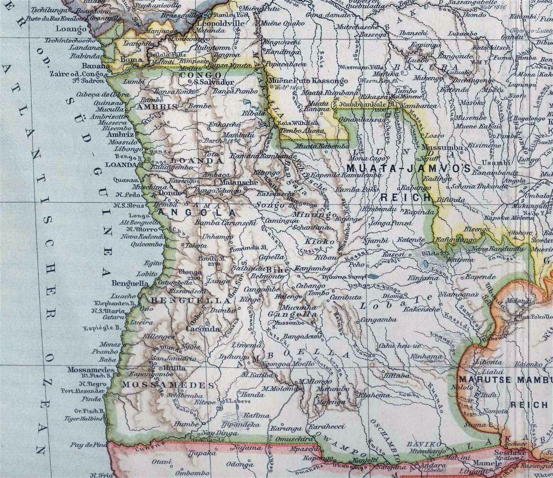 Grande mapa antiguo de Angola con relieve - 1900