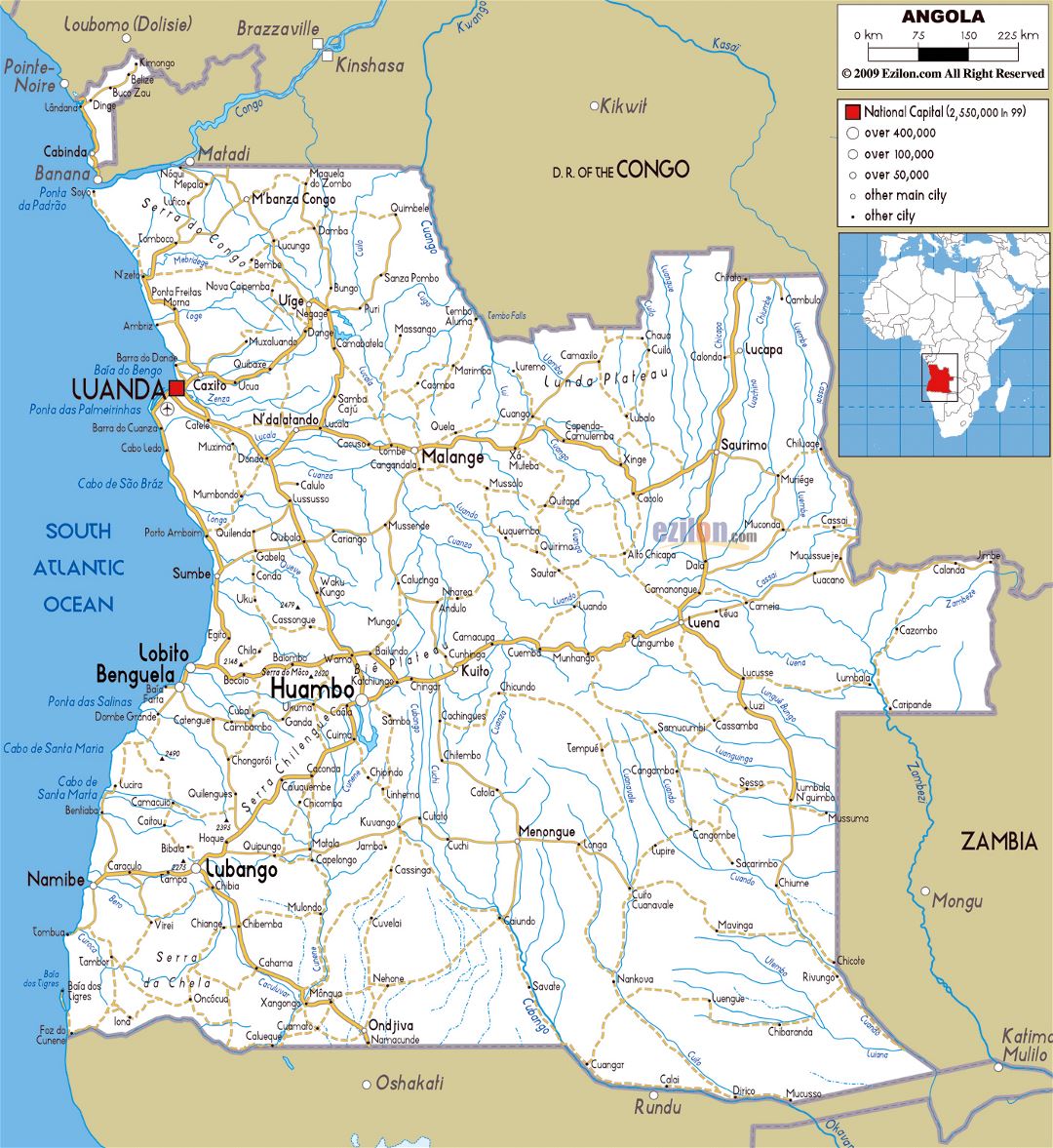 Grande mapa de carreteras de Angola con ciudades y aeropuertos