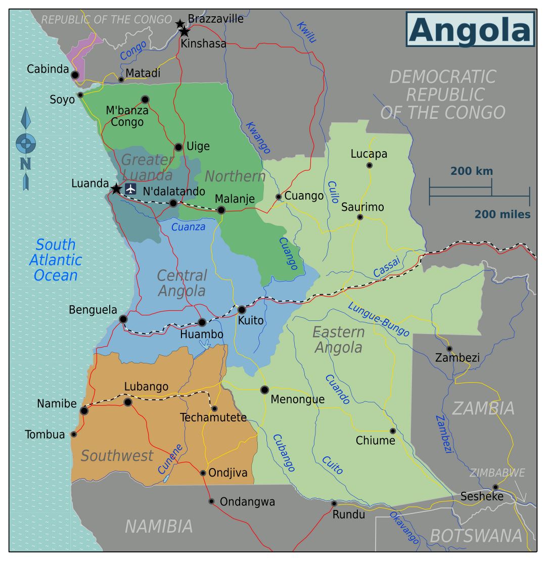 Grande mapa de regiones de Angola