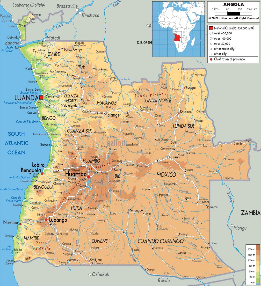 Grande mapa físico de Angola con carreteras, ciudades y aeropuertos