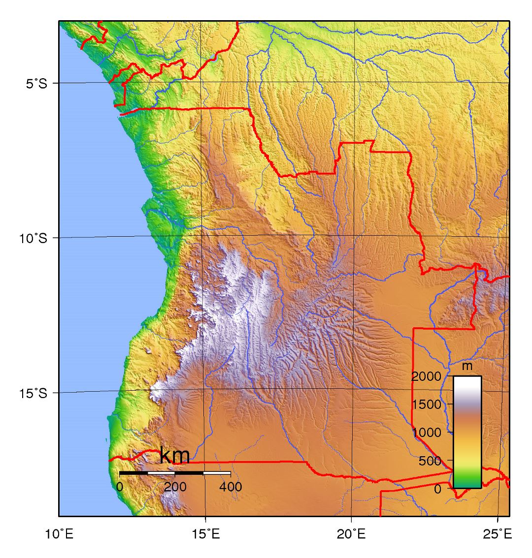 Grande mapa físico de Angola