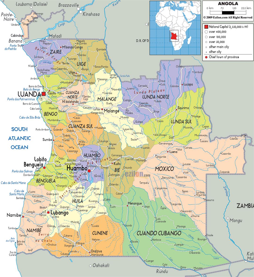 Grande mapa político y administrativo de Angola con carreteras, ciudades y aeropuertos