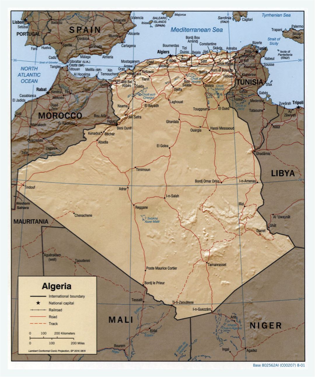 A gran escala mapa político de Argelia con socorro, carreteras, ferrocarriles y principales ciudades - 2001