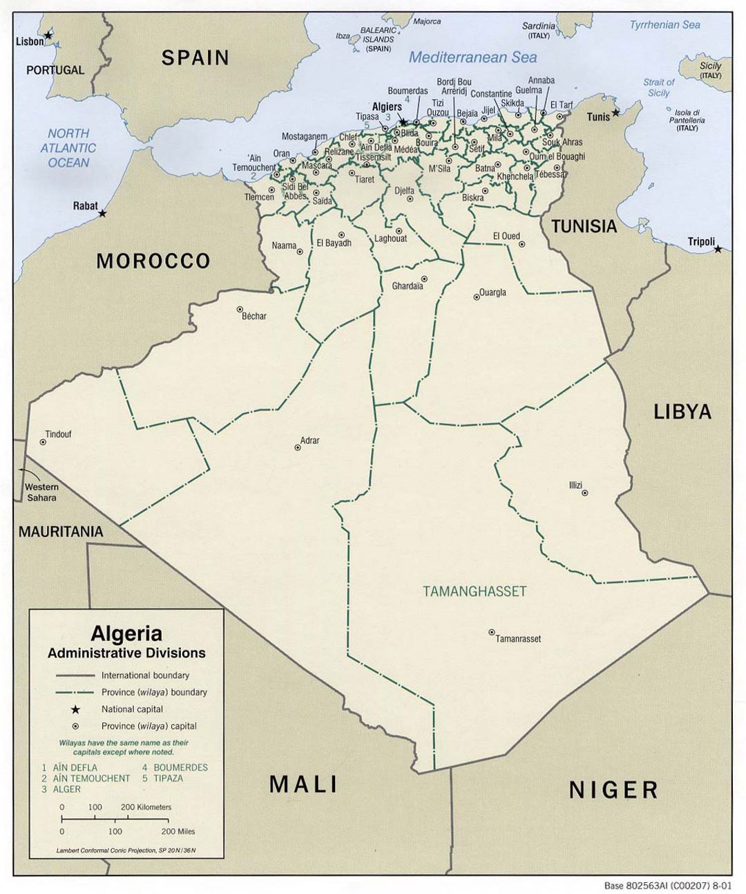Detallado mapa de administrativas divisiones de Argelia - 2001