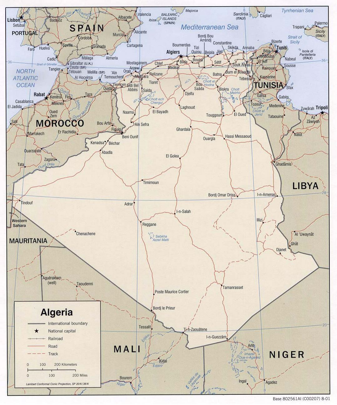 Detallado mapa político de Argelia con carreteras, ferrocarriles y principales ciudades - 2001