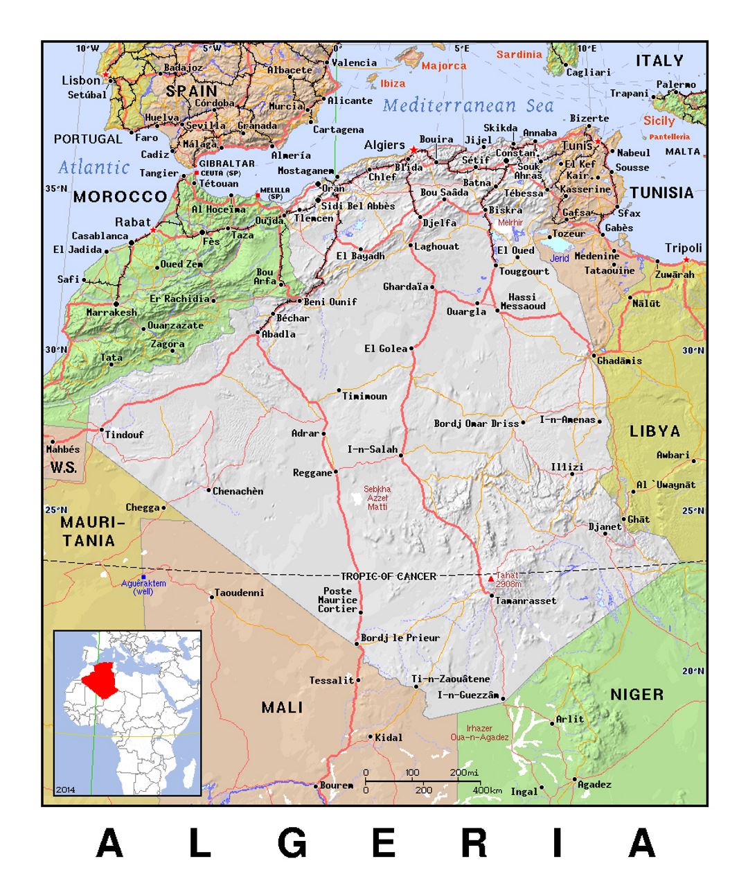 Detallado mapa político de Argelia con relieve