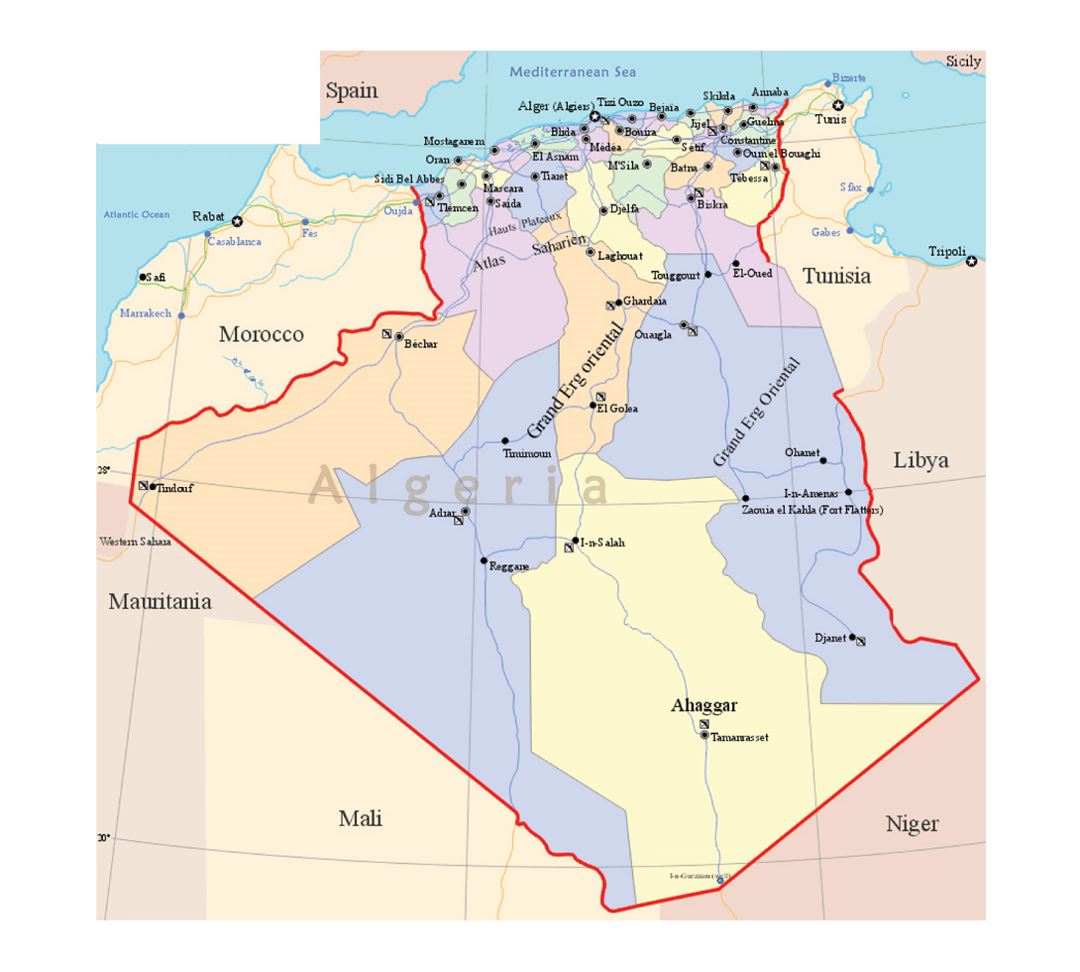 Detallado mapa político y administrativo de Argelia con carreteras y principales ciudades