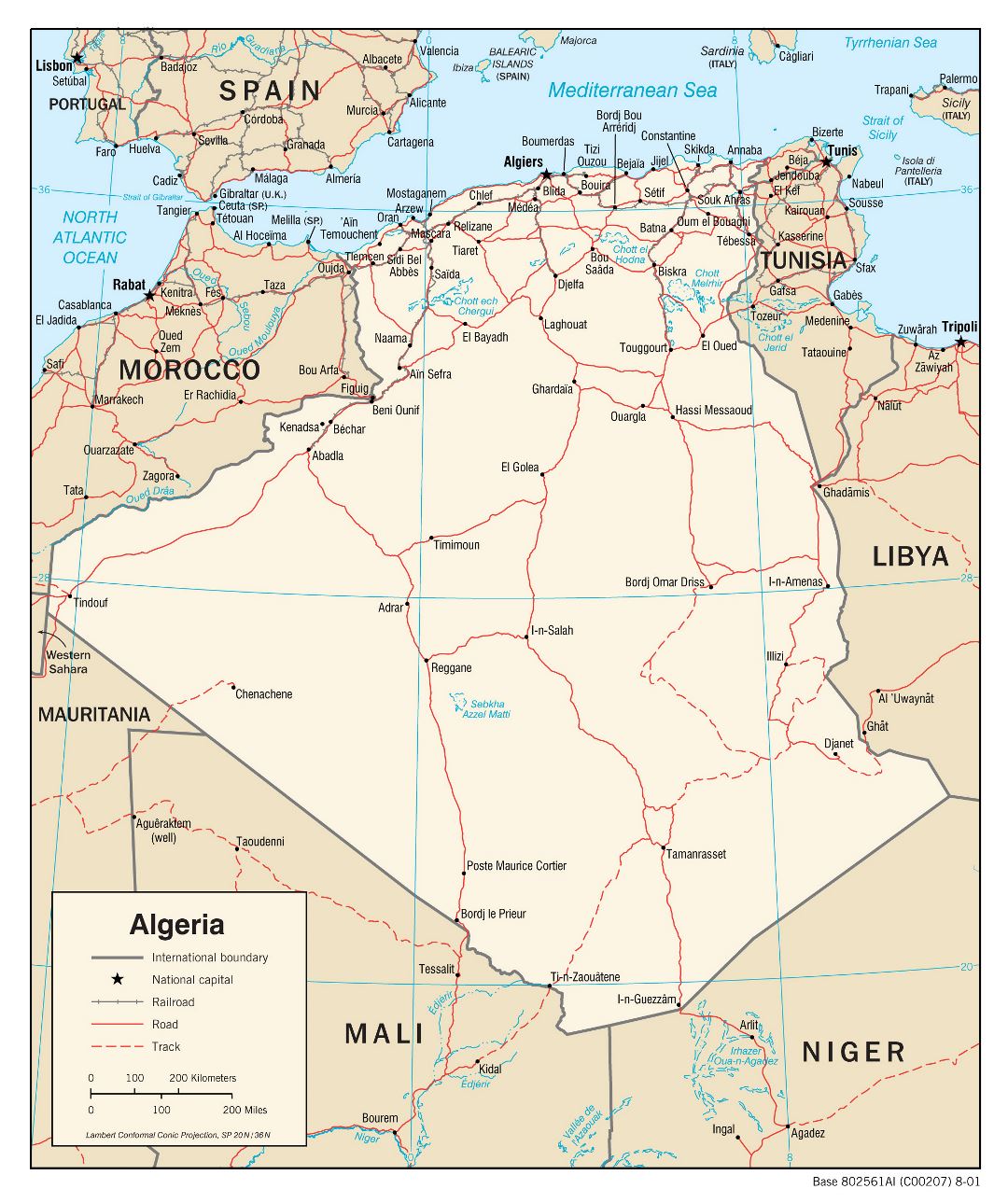 Grande detallado mapa político de Argelia con carreteras, ferrocarriles y principales ciudades - 2001