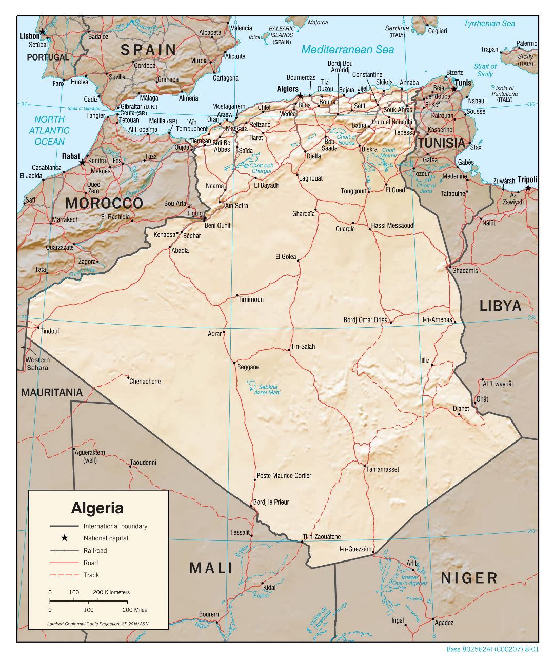 Grande detallado mapa político de Argelia con socorro, carreteras, ferrocarriles y principales ciudades - 2001