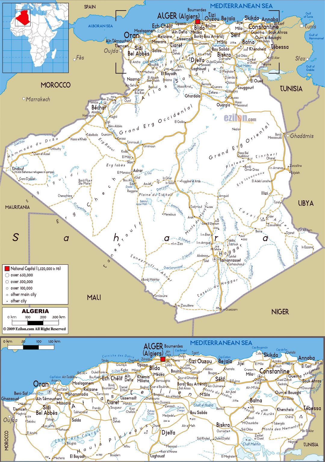 Grande mapa de carreteras de Argelia con ciudades y aeropuertos