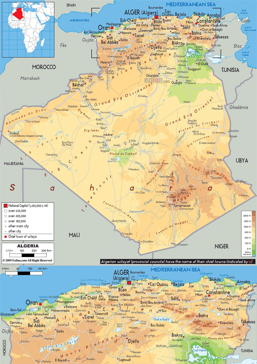Grande mapa físico de Argelia con carreteras, ciudades y aeropuertos