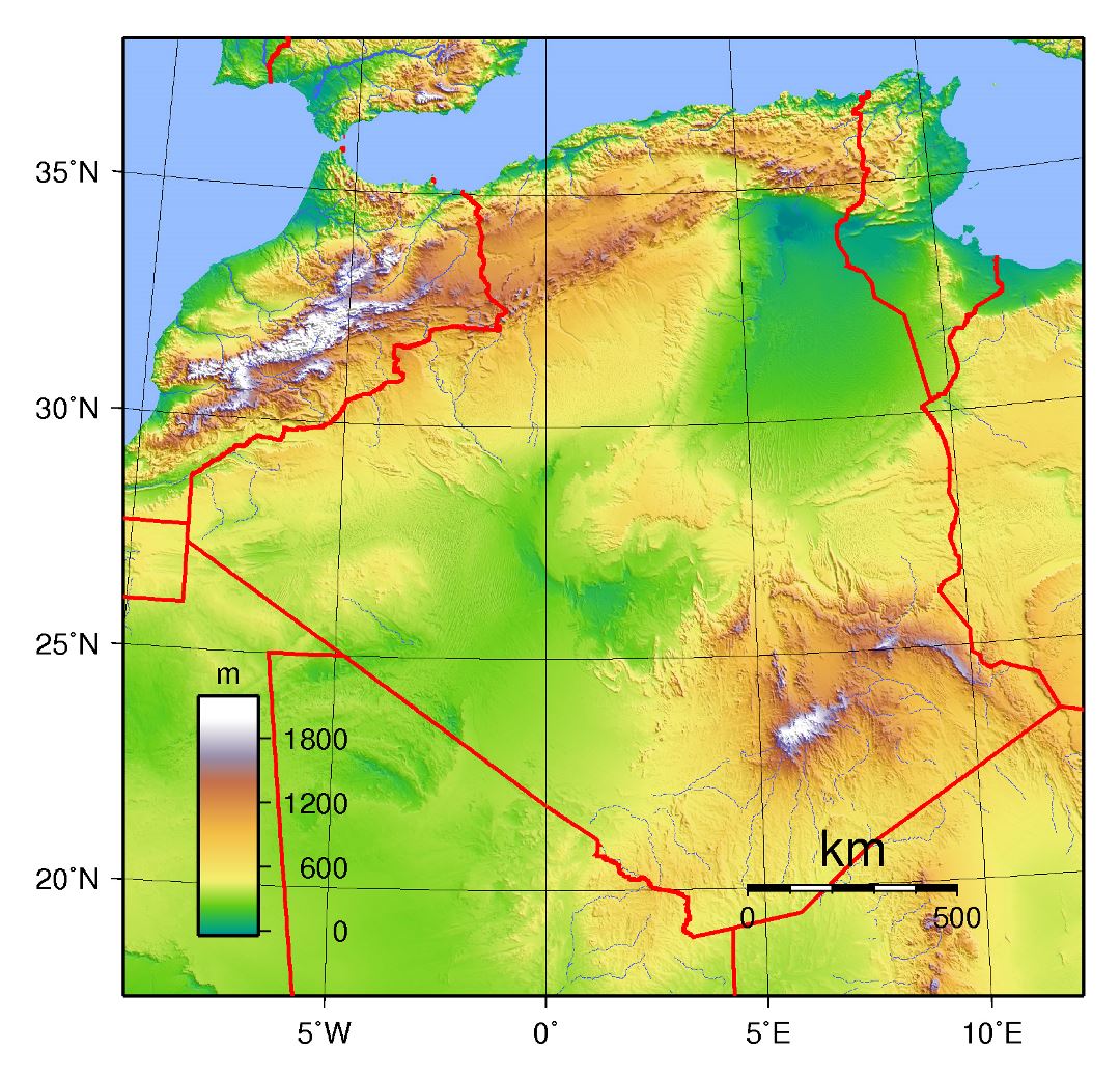 Grande mapa físico de Argelia