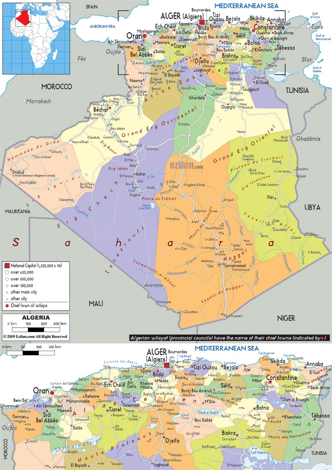 Grande mapa político y administrativo de Argelia con carreteras, ciudades y aeropuertos