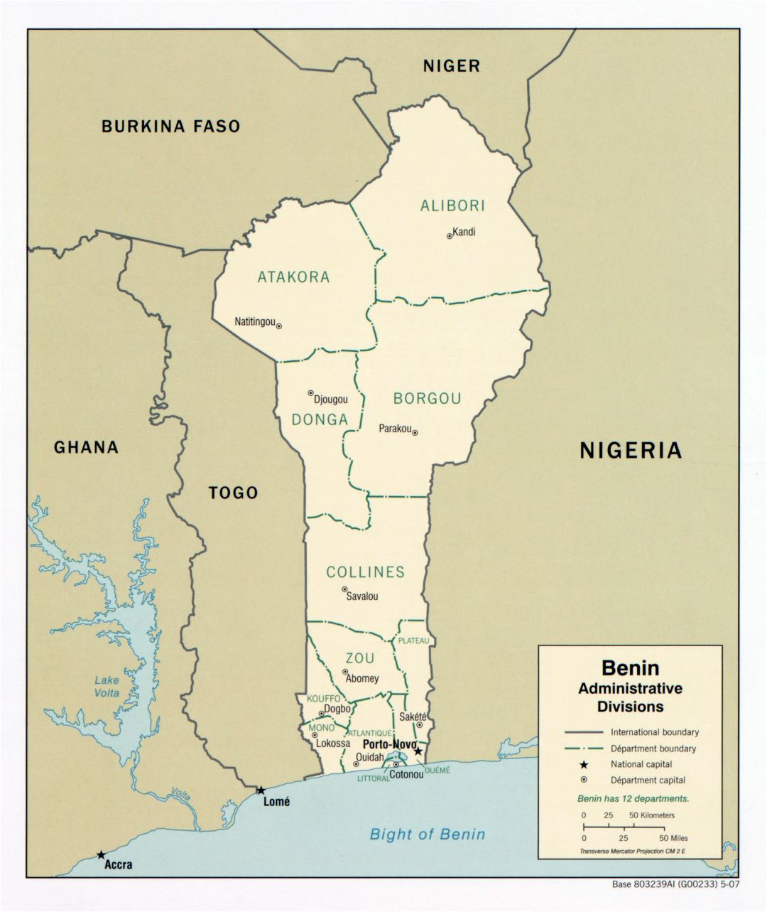 A gran escala mapa de administrativas divisiones de Benin - 2007