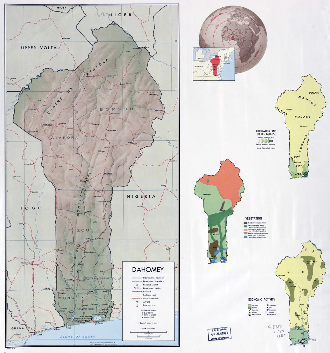 A gran escala mapa del perfil del país de Benin - 1970