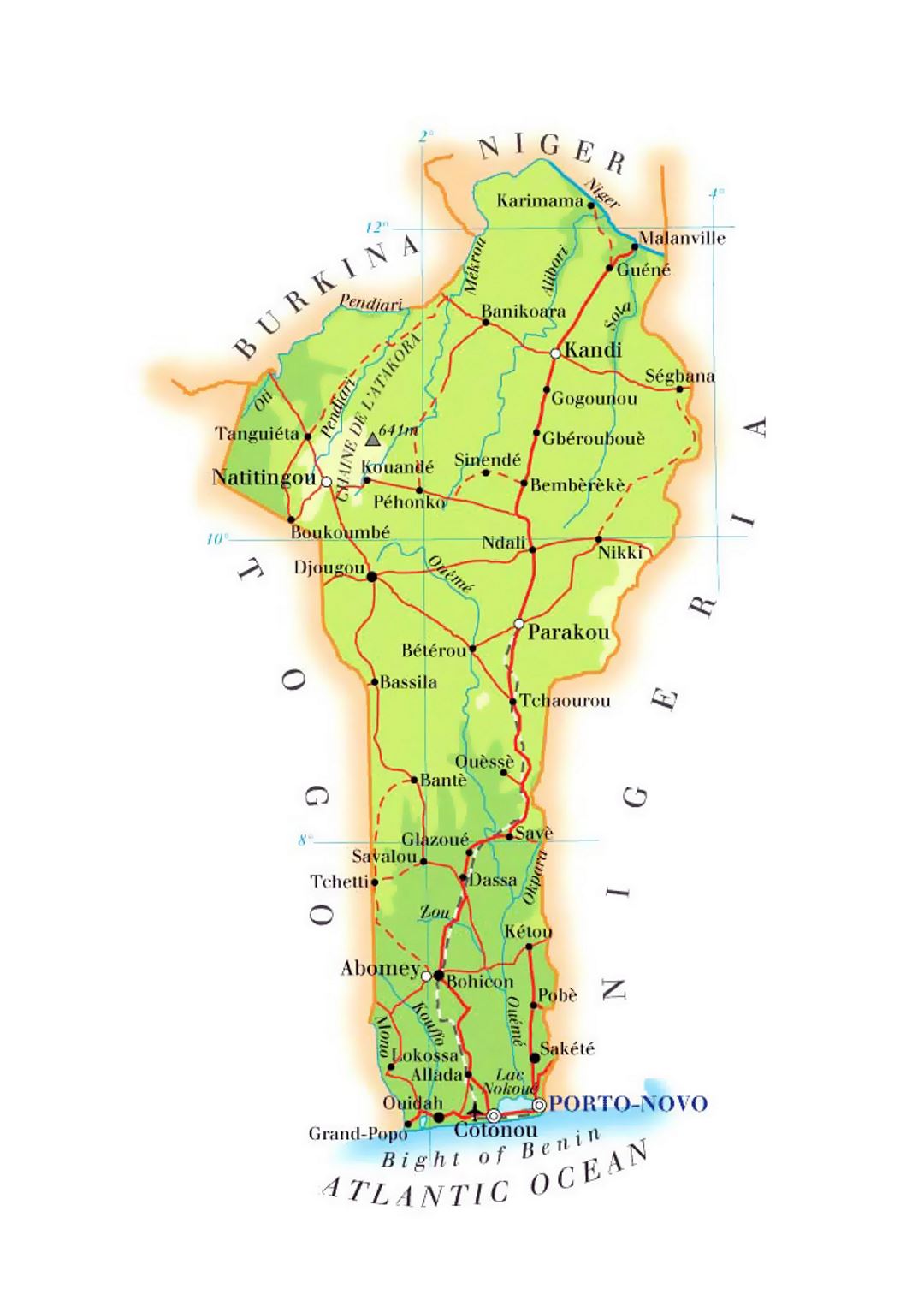 Detallado mapa de elevación de Benin con carreteras, ciudades y aeropuertos