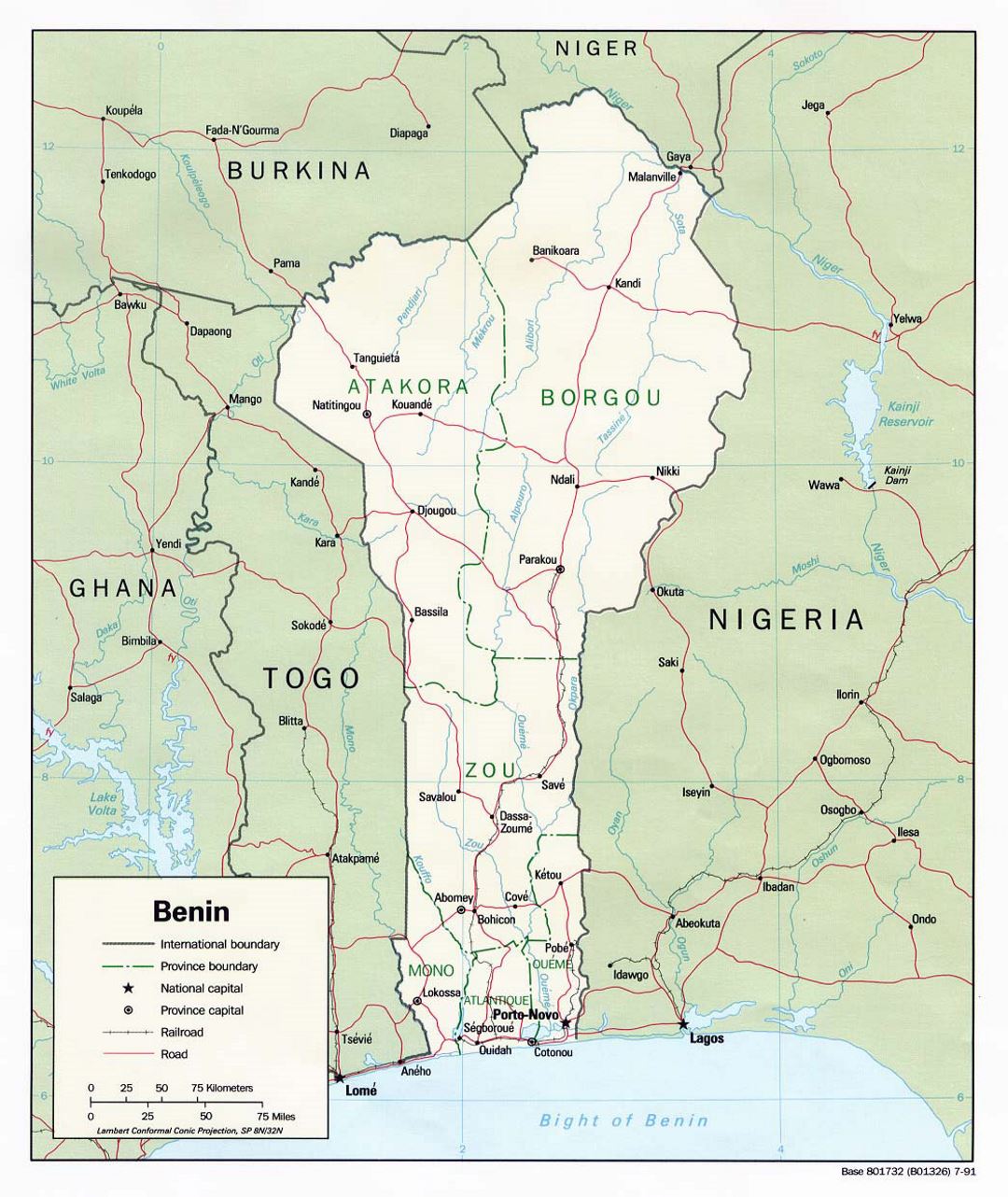 Detallado mapa político y administrativo de Benin con carreteras, ferrocarriles y principales ciudades - 1991