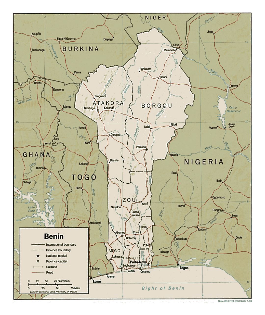 Detallado mapa político y administrativo de Benin con relieve, carreteras, ferrocarriles y principales ciudades - 1991