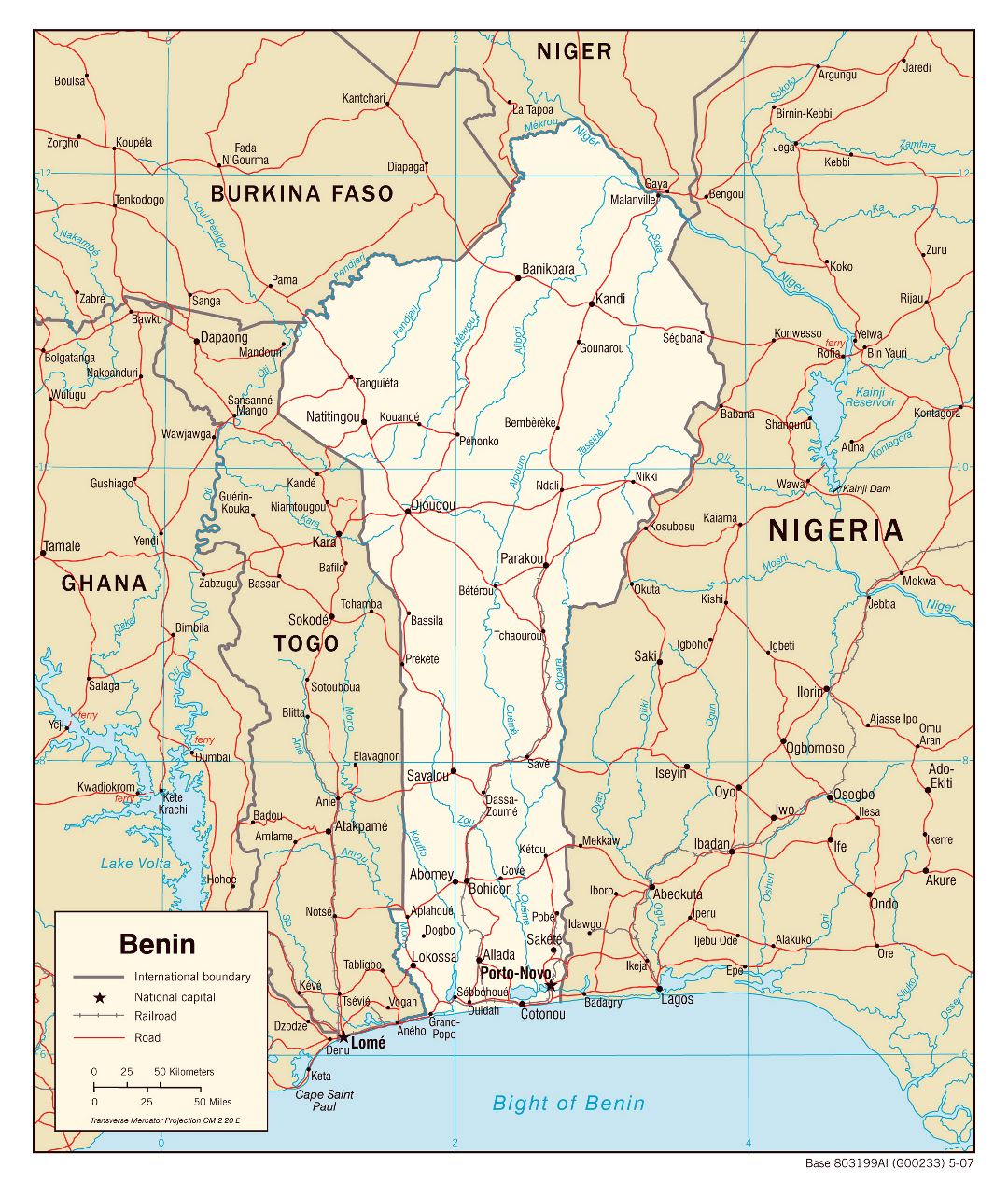 Grande detallado mapa político de Benin con carreteras, ferrocarriles y ciudades - 2007