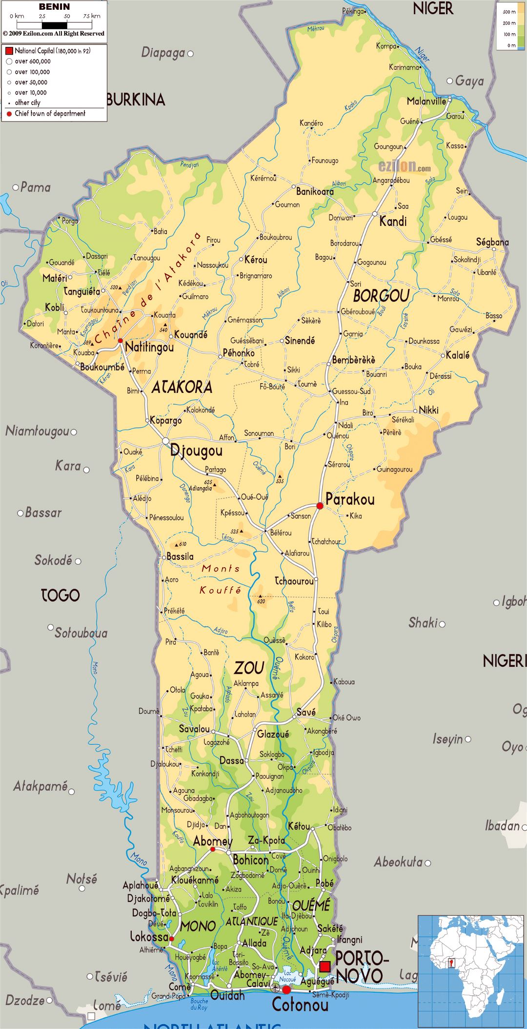 Grande mapa físico de Benin con carreteras, ciudades y aeropuertos