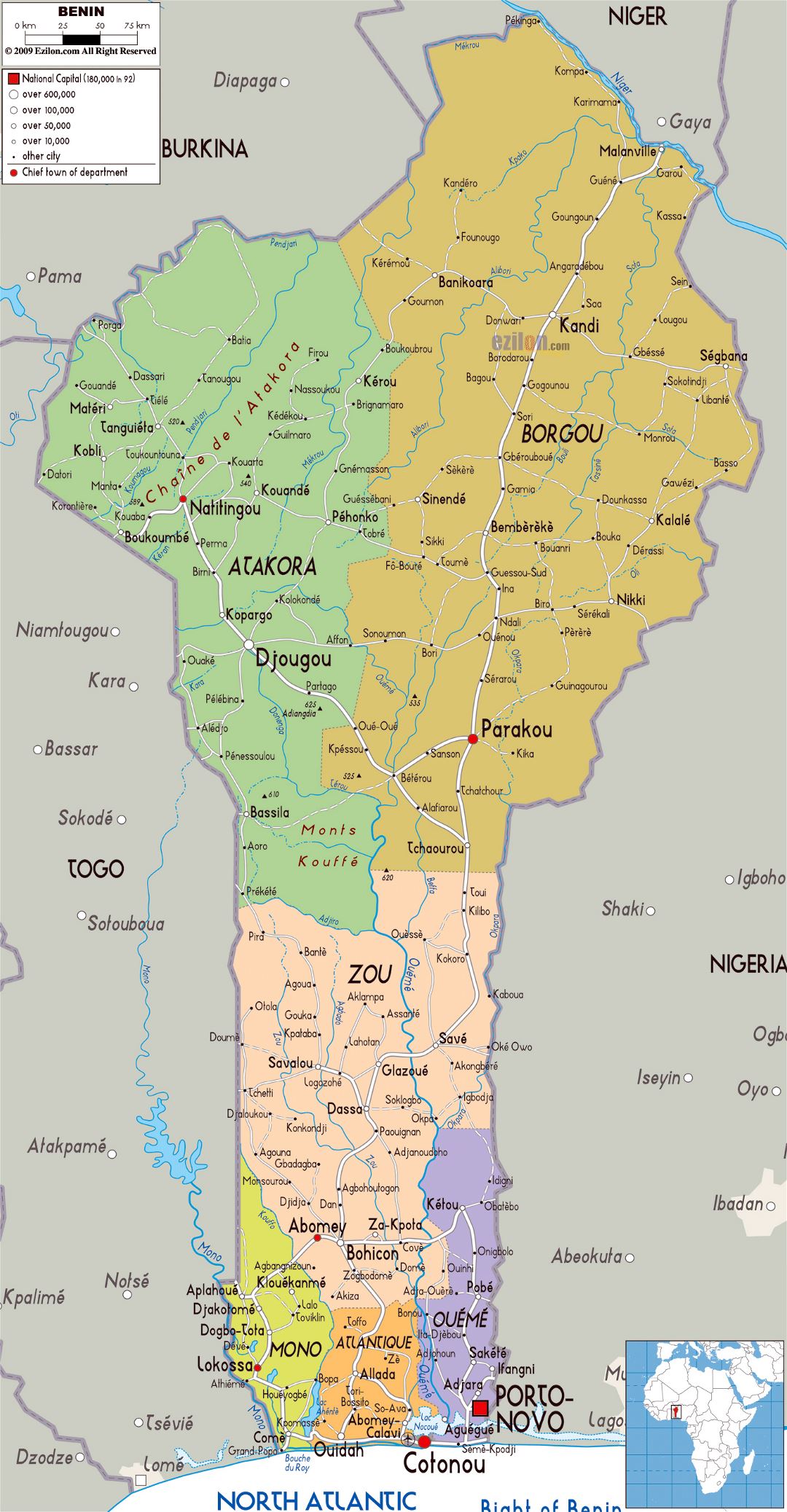 Grande mapa político y administrativo de Benin con carreteras, ciudades y aeropuertos