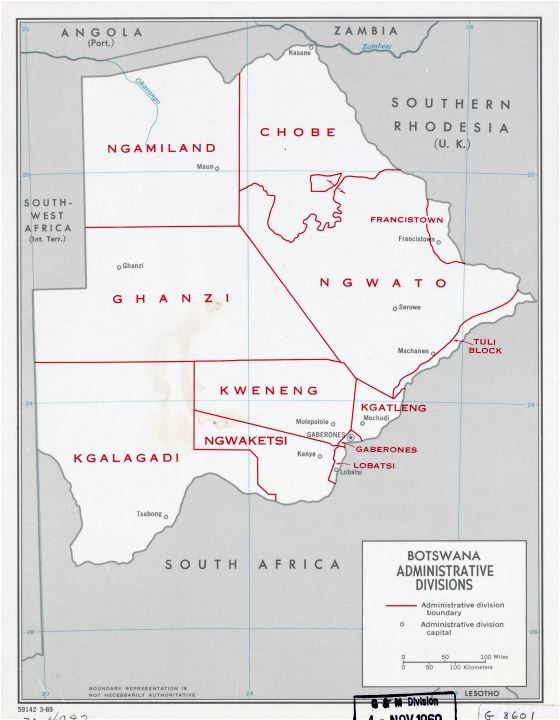A gran escala mapa de administrativas divisiones de Botswana - 1969