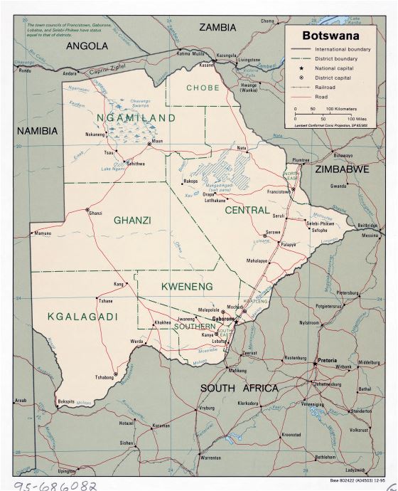 A gran escala mapa político y administrativo de Botswana con carreteras, ferrocarriles y principales ciudades - 1995
