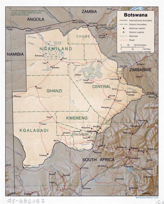 A gran escala mapa político y administrativo de Botswana con relieve, carreteras, ferrocarriles y principales ciudades - 1995