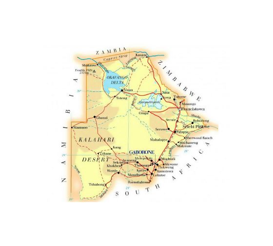 Detallado mapa de elevación de Botswana con carreteras, ciudades y aeropuertos
