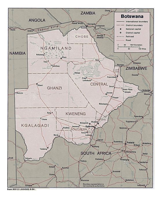 Detallado mapa político y administrativo de Botswana con carreteras y principales ciudades - 1984