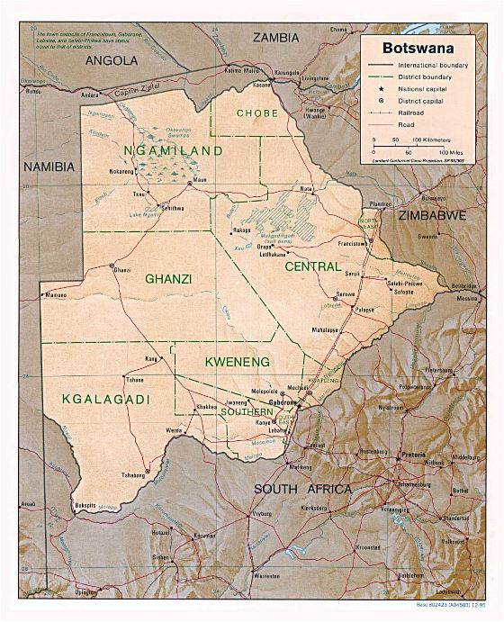 Detallado mapa político y administrativo de Botswana con relieve, carreteras y principales ciudades - 1995