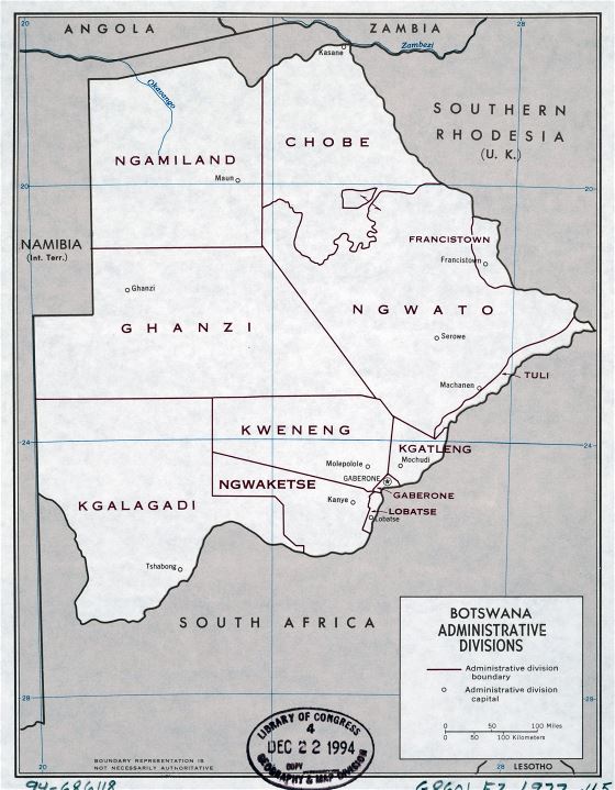 Grande detallado mapa de administrativas divisiones de Botswana - 1977
