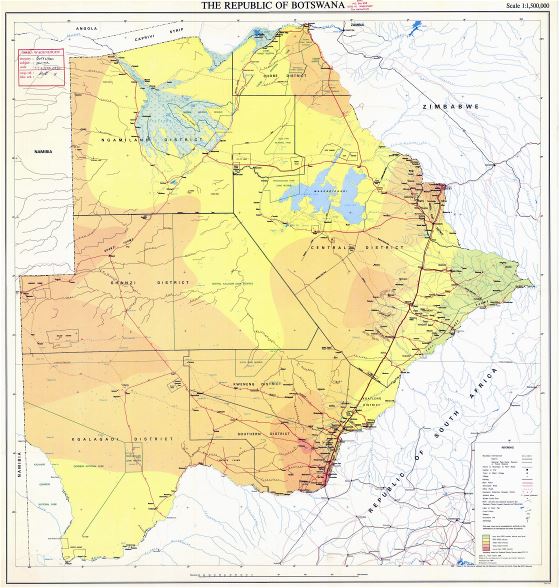 Grande detallado mapa de elevación de Botswana con carreteras, ciudades y otras marcas