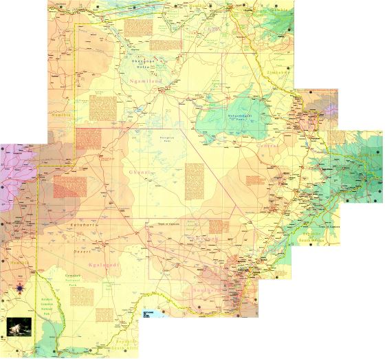 Grande detallado mapa topográfico de Botswana con carreteras, ciudades y otras marcas