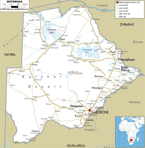 Grande mapa de carreteras de Botswana con ciudades y aeropuertos