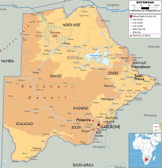 Grande mapa físico de Botswana con carreteras, ciudades y aeropuertos