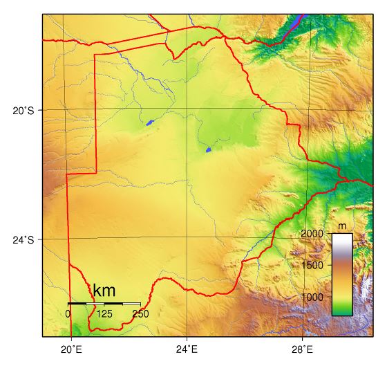Grande mapa físico de Botswana
